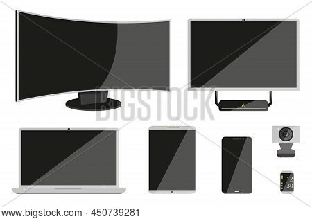 Desktop Gadget Device Mobile Pc Technique Flat Set. Webcam Smart Watch Electronic Tech Laptop Monito