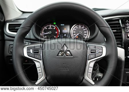 Novosibirsk, Russia -  February    09 , 2022:  Mitsubishi L200 , Teering Wheel With  Logo    And  Sp