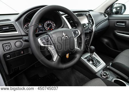 Novosibirsk, Russia -  February    09 , 2022:  Mitsubishi L200 , Teering Wheel With  Logo    And  Sp