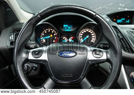 Novosibirsk, Russia -  February    09 , 2022: Ford Kuga , Teering Wheel With  Logo    And  Speedomet