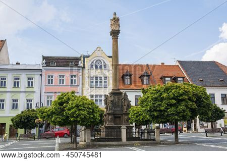 Ceska Lipa (Česká Lípa), Czech Republic - July 12 2019: View Of The Holy Trinity Column On T. G. Mas