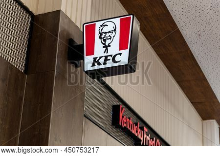 Tyumen, Russia-february 22, 2022: Fried Chicken Kfc Logo Restaurant In Shopping Mall. Kfc Is An Amer