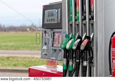 Riga, Latvia, January 4, 2021: Circle K Gas Station With Fuel, Oil, Gasoline And Diesel, Close-up Of