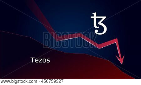 Tezos Xtz In Downtrend And Price Falls Down. Cryptocurrency Coin Symbol And Red Down Arrow. Crushed 