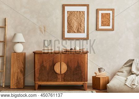 Interior Design Of Neutral Living Room With Stylish Retro Commode, Mock Up Poster Frame, Cube, Table