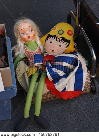 Flea Market. Two Vintage Colorful Rag Dolls.