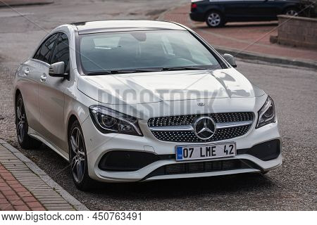 Side, Turkey - February 20 2022:  White Mercedes-benz Cla-class  250is Parked  On The Street On A Wa