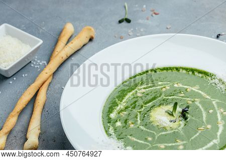 Broccoli, Spinach Cream Soup In A Bowl, Egetarian Dish. Banner, Food Recipe Background. Close Up,