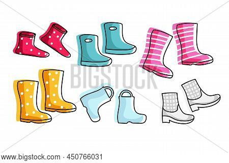 Rubber Boots Set. Different Colors And Shape Boots Isolated On White Background. Foot Protection. Ca