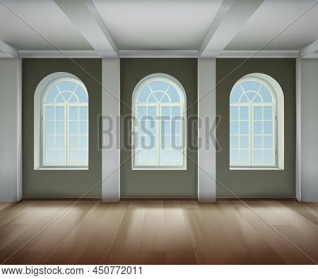 Room With Arched Windows Background. Empty Room Interior Vector Illustration. Arched Windows Design.