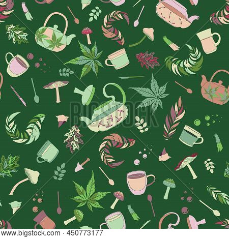 Psychedelic Mushroom Weed Tea Party Seamless Pattern