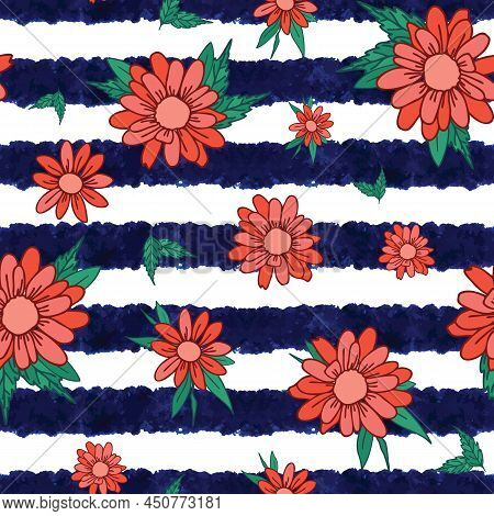 Seamless Pattern, Blue Striped Salmon Flower Leave Design