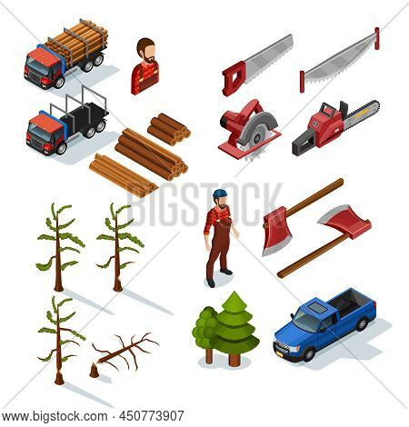 Lumberjack Isometric Color Icons Set Of Woodworking Tools Lumber Trucks Woodcutters In Uniform  On W
