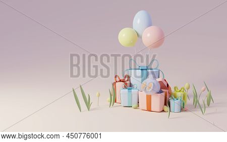 Easter Gift Boxes With Rubbit In Box. Spring Easter Background. 3d Render