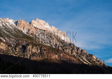 Punta Sorapiss Mountain Peak In The Dolomites Near Cortina D'ampezzo, Italy In Winter