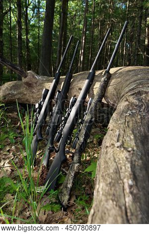 Four Hunting Rifles With Scope Optics Leaning Against A Fallen Tree