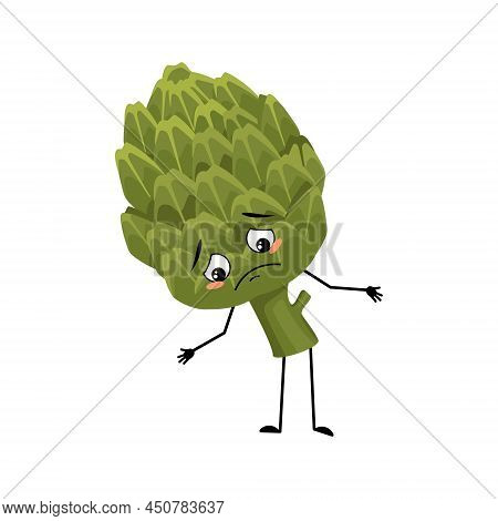 Artichoke Character With Sad Emotions, Depressed Face, Down Eyes, Arms And Legs. Person With Melanch