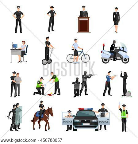 Police People In Office And Outside Flat Color Icons Set With Traffic Policeman Criminalists Dispatc
