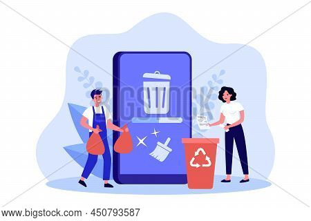 People Cleaning Mobile Phone From Trash Files. Man And Woman Deleting Documents With Cleansing Softw