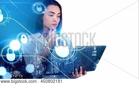 Businesswoman With Laptop, Pensive Look, New York City View At Night. Cybersecurity And Big Data Pro