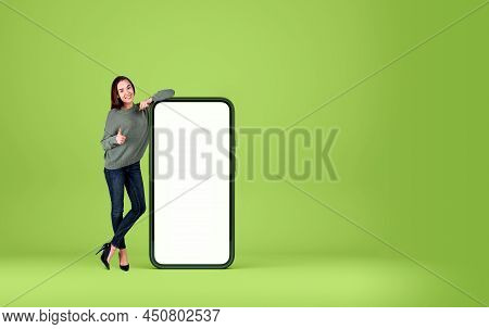 Woman Smiling, Full Length, Like And Thumb Up, Looking At The Camera. Smartphone Mock Up Copy Space 