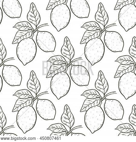 Lemons On Branch With Leaves Seamless Pattern. Background Twigs With Citruses Sketch. Healthy Food F