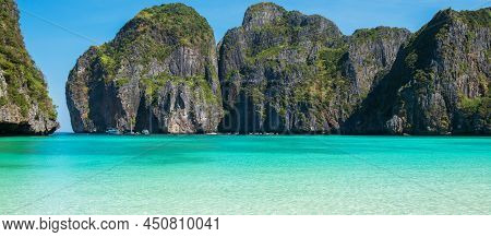 Beautiful Scenery Of Maya Bay Beach On Phi Phi Island, Krabi, Thailand. Landmark, Destination Southe