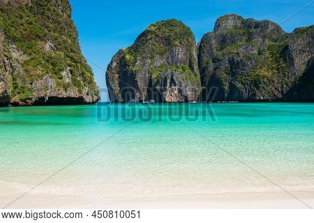 Beautiful Scenery Of Maya Bay Beach On Phi Phi Island, Krabi, Thailand. Landmark, Destination Southe