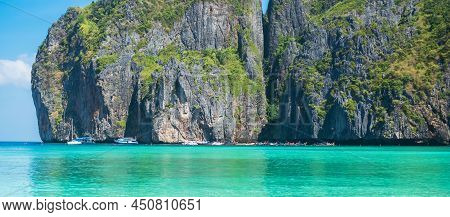 Beautiful Scenery Of Maya Bay Beach On Phi Phi Island, Krabi, Thailand. Landmark, Destination Southe