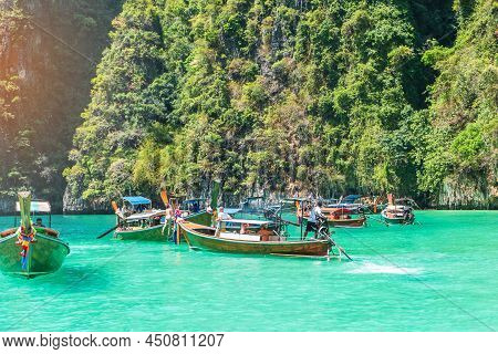 Long Tail Boat At Pileh Lagoon On Phi Phi Island, Krabi, Thailand. Landmark, Destination Southeast A