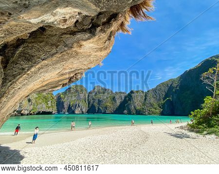 Beautiful Scenery Of Maya Bay Beach On Phi Phi Island, Krabi, Thailand. Landmark, Destination Southe