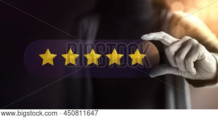 Customer Experience Concept. Happy Client Woman Giving Positive Review On Card. Feedback Five Star R