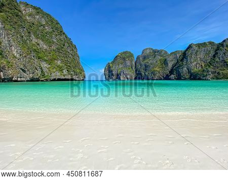 Beautiful Scenery Of Maya Bay Beach On Phi Phi Island, Krabi, Thailand. Landmark, Destination Southe