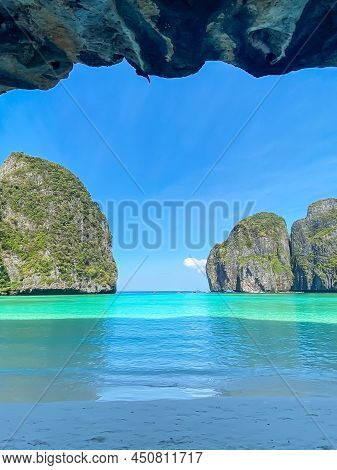 Beautiful Scenery Of Maya Bay Beach On Phi Phi Island, Krabi, Thailand. Landmark, Destination Southe