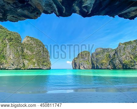 Beautiful Scenery Of Maya Bay Beach On Phi Phi Island, Krabi, Thailand. Landmark, Destination Southe