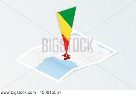 Isometric Paper Map Of Congo With Triangular Flag Of Congo In Isometric Style. Map On Topographic Ba