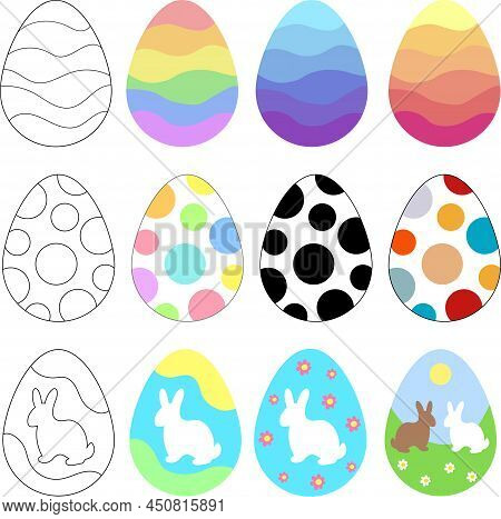 Painted Colorful Vector Easter Eggs Linear Set