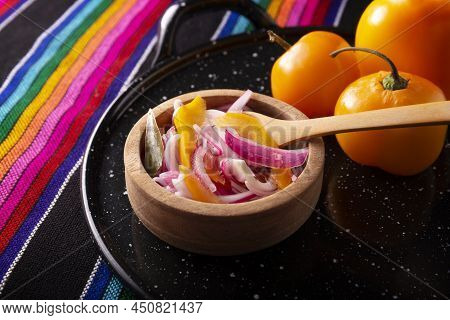 Cebolla Morada Picada. Chopped Purple Onion With Manzano Chili And Spices, A Very Popular Preparatio