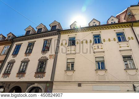 Residentalbuilding Detail With Windows And Bow Windows In Ljubljana