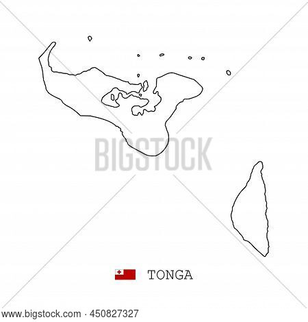 Tonga Islands Map Line, Linear Thin Vector Simple Outline And Flag. Black On White Background