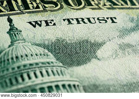 American Paper Money. Fragment Of Reverse Of $50 Bill Showing The Capitol. Us Banknote Close-up. Gre