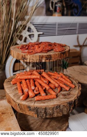Slicing Different Types Of Meat. Meat Snacks On The Table. Wedding Buffet. Catering