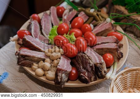 Slicing Different Types Of Meat. Meat Snacks On The Table. Wedding Buffet. Catering