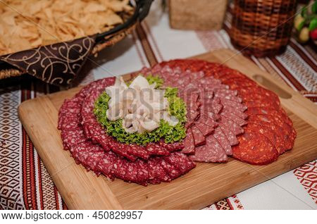 Slicing Different Types Of Meat. Meat Snacks On The Table. Wedding Buffet. Catering