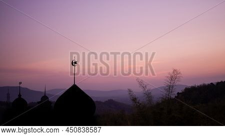 Ramadan, Eid Ai-fitr,new Year Muharram Islamic Religion Symbols With Mosques Dome Silhouette On Dark