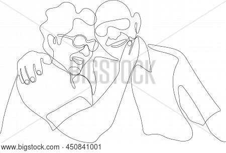 Continuous One Line Drawing Of Senior Couple. Elderly People Hug Together. Old People In Love. Man A