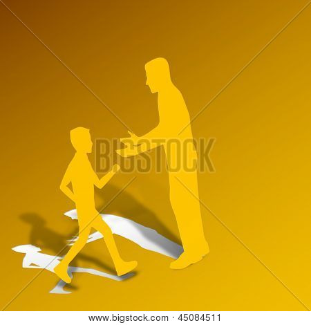 Heureux concept de fête des pères avec le père et son fils sur fond abstrait jaune avec du papier découpé de d