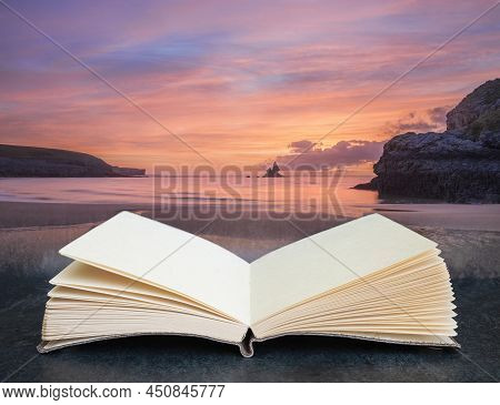 Digital Composite Image Of Stunning Sunrise Landsdcape Of Idyllic Broadhaven Bay Beach On Pembrokesh