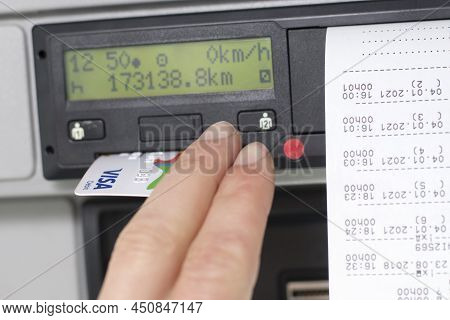 Olomouc Czech Rep Jan 7th 2021 Driver Inserts A Bank Debit Card Into A Digital Tachograph Instead Of