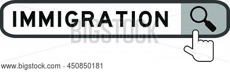 Search Banner In Word Immigration With Hand Over Magnifier Icon On White Background